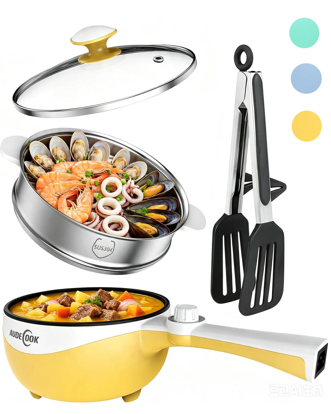 Audecook Elektrischer Topf mit Dampfgarer, 1.7L Mini Elektrische Bratpfanne für Wohnheim Antihaftbes