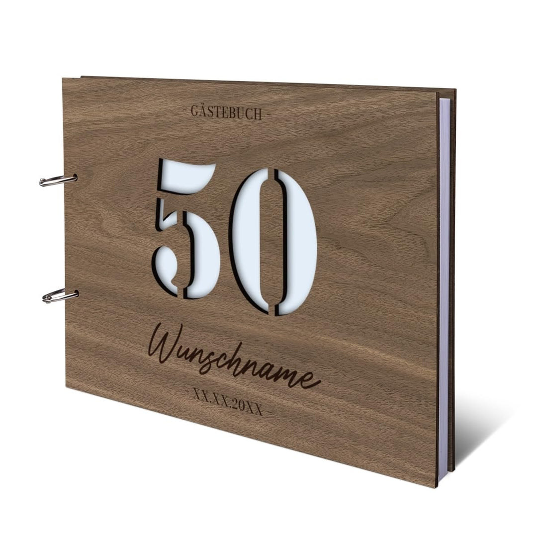 Individuelles Gästebuch zum 50. Geburtstag – Echtes Holz mit Persönlicher Gravur, Zahl ausgestanzt –