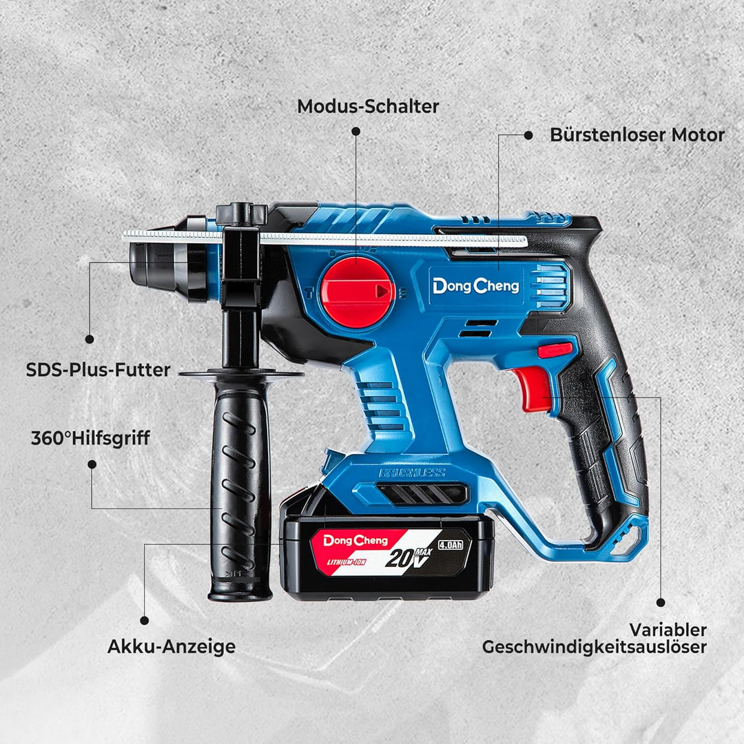 DongCheng Akku Bohrhammer 18V, Schlagenergie 2.1 J, mit 4 Stück SDS-plus, Bohren bis 28 mm, Bürstenl