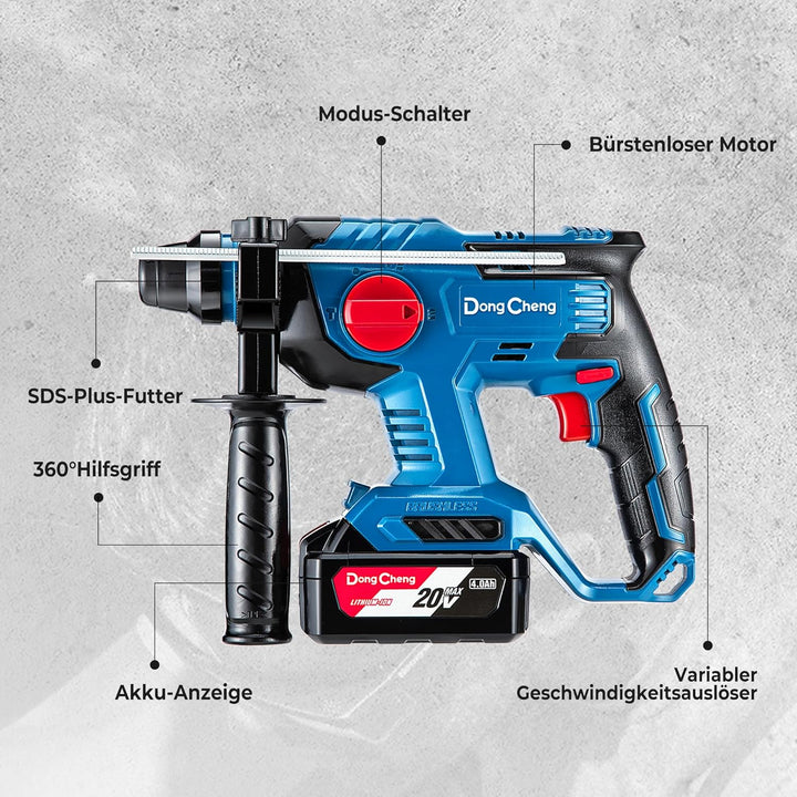 DongCheng Akku Bohrhammer 18V, Schlagenergie 2.1 J, mit 4 Stück SDS-plus, Bohren bis 28 mm, Bürstenl