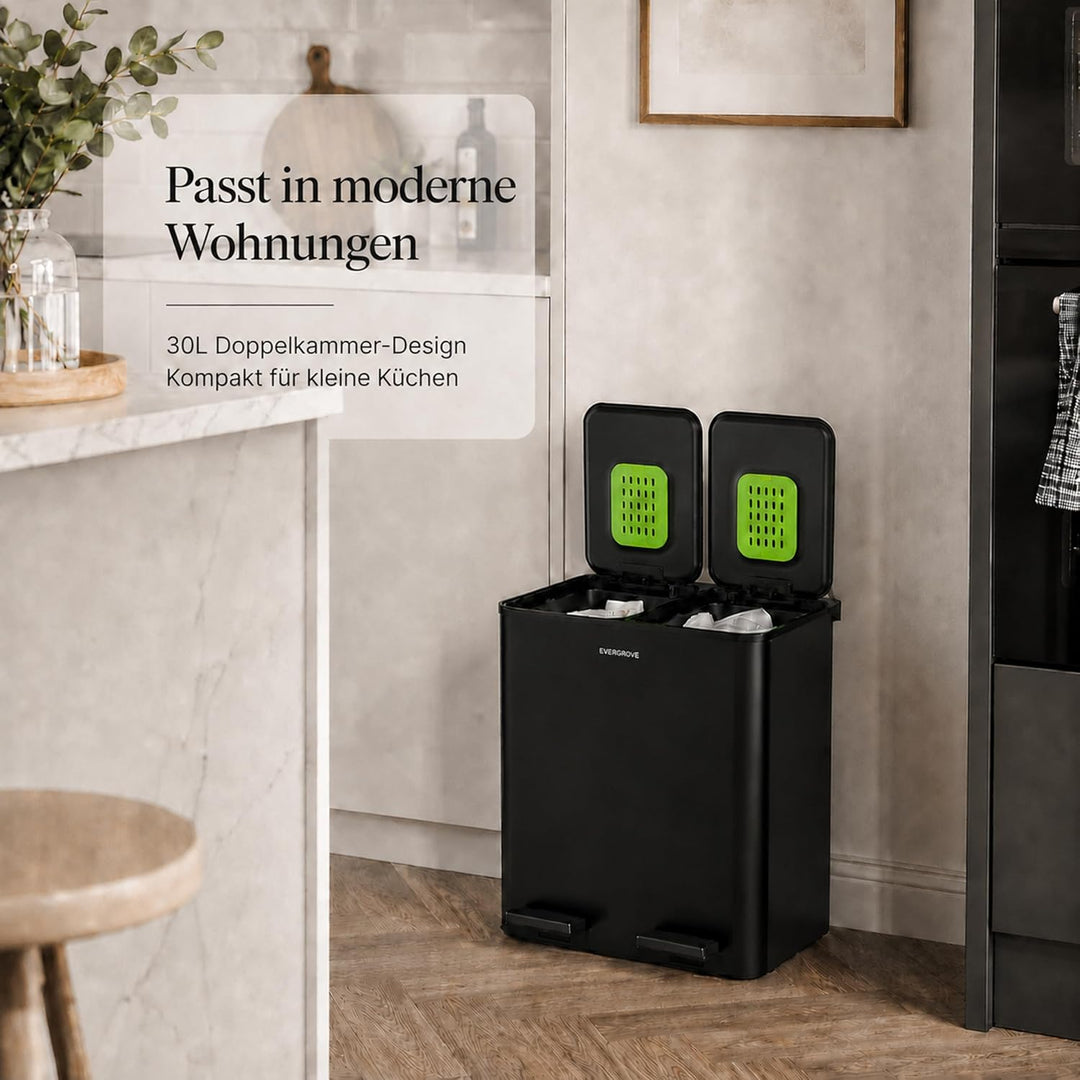 EverGrove 30-Liter-Mülltrennsystem, 2 x 15 L | Gehäuse, Deckel und Pedale aus Edelstahl; zwei PP-Inn