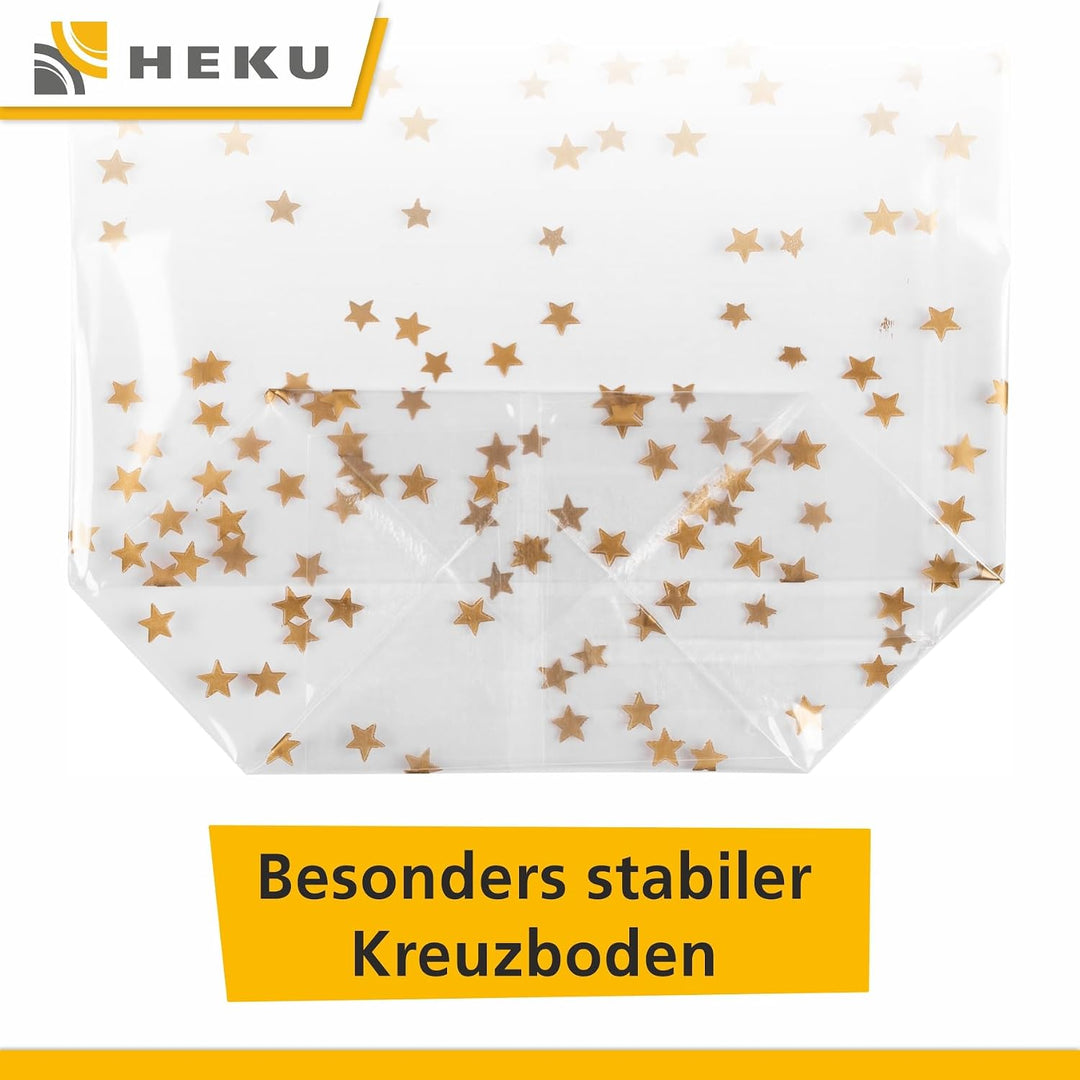 HEKU 1000er Packung Transparente Bodenbeutel mit goldenen Sternen 235x140x55mm I Stabiler Kreuzboden