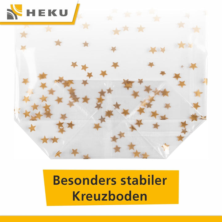 HEKU 1000er Packung Transparente Bodenbeutel mit goldenen Sternen 235x140x55mm I Stabiler Kreuzboden