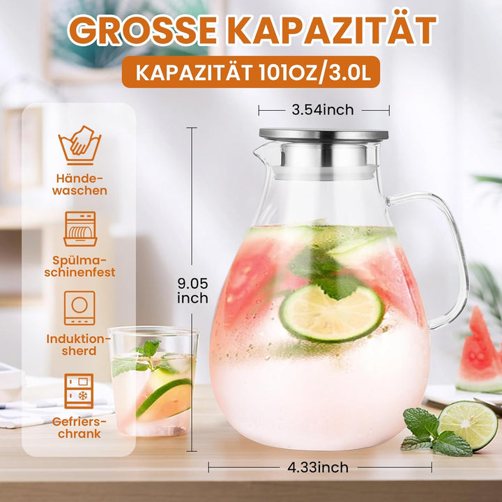 SUSTEAS 3.0 Liter 101 Unzen Wasserkaraffe, Glaskaraffe mit Deckel und Breitem Griff, Leicht zu Reini