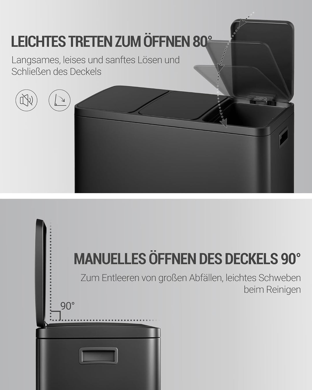 Hzuaneri Mülleimer Küche, Mülltrennsystem 3 Fächer 45L (3 x 15 L), Edelstahl-küchenmülleimer, Tretmü