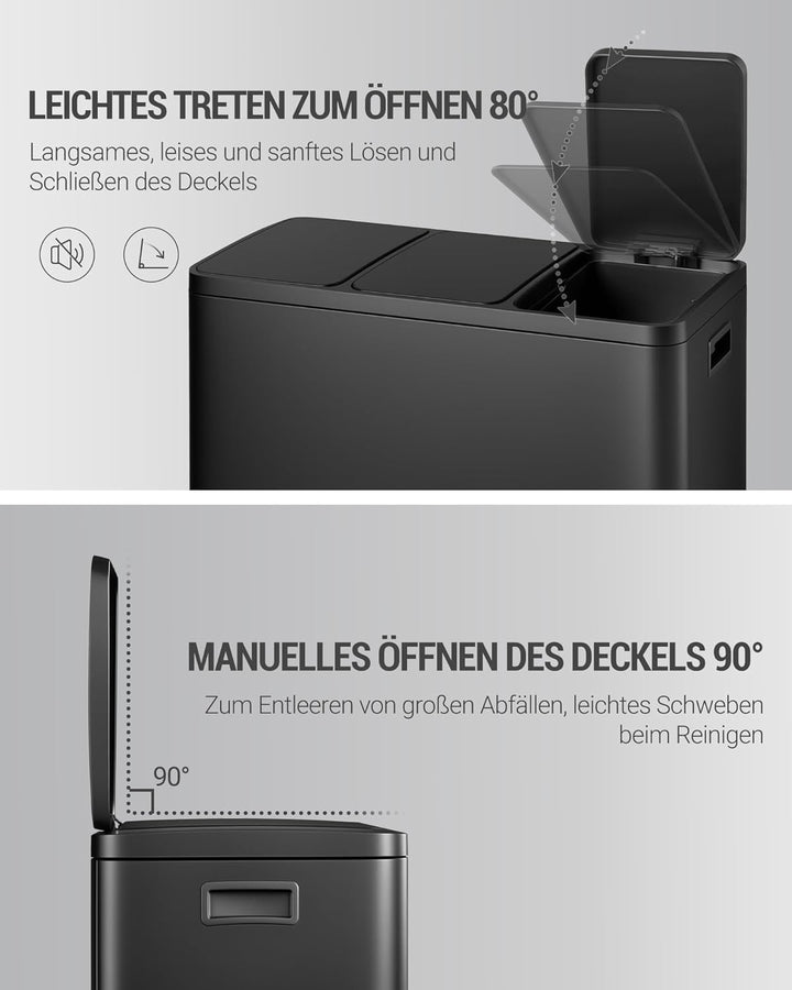 Hzuaneri Mülleimer Küche, Mülltrennsystem 3 Fächer 45L (3 x 15 L), Edelstahl-küchenmülleimer, Tretmü