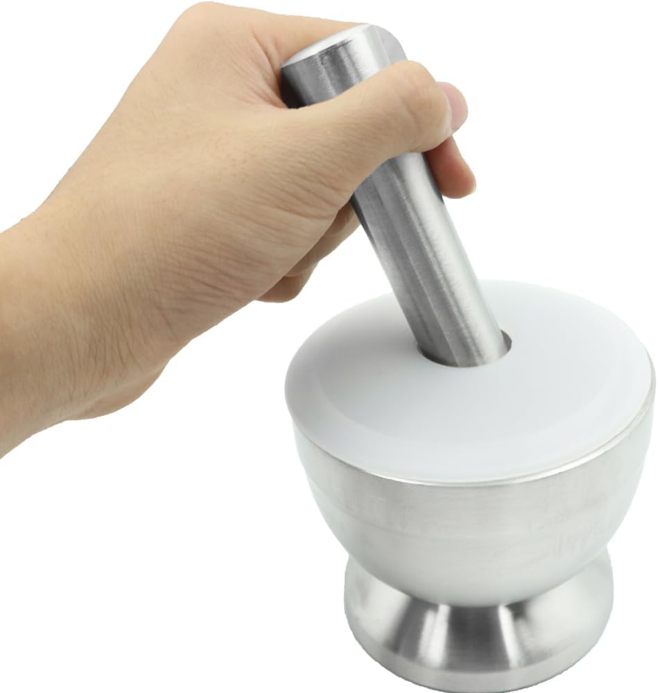 Sarini Mörser und Stössel aus Edelstahl,lebensmittelecht,Stössel und Mörser aus Edelstahl,runder Mah