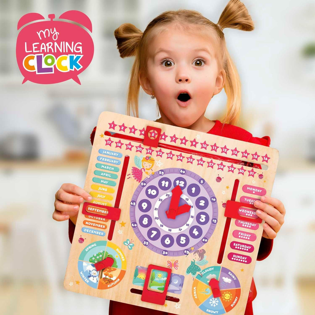 CRAZE My Learning Clock Princess ENGLISCHE SPRACHE - Lernuhr Kinder Holz, Kalenderuhr zum Lernen für