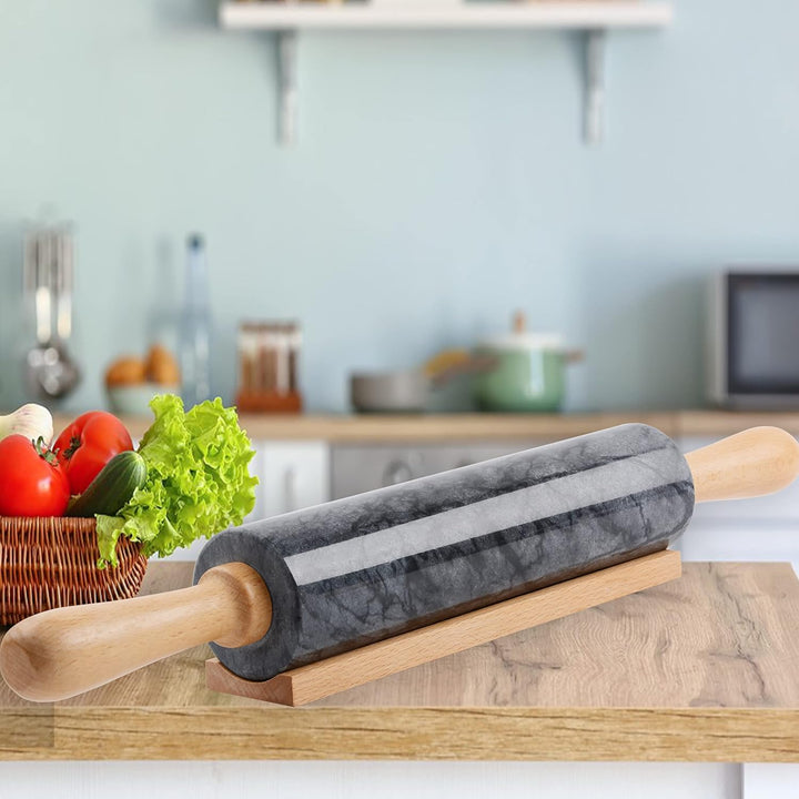 Marmor-Nudelholz mit Holzwiege, dicker Griff, Set zum Backen, 47 cm, hochwertige polierte Walze für