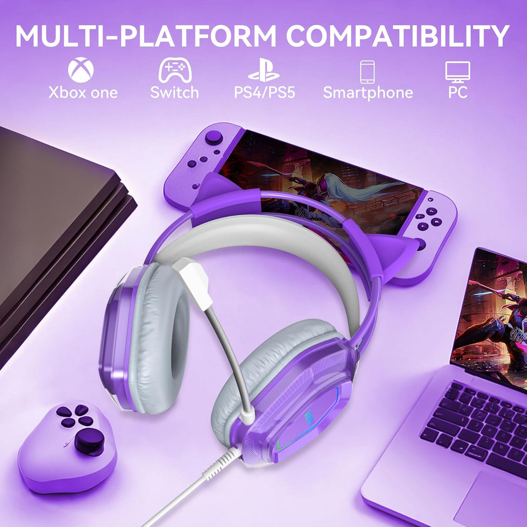 Wantak Katzenohr Kopfhörer mit Mikrofon – Kabel (3,5mm/USB) – Gaming Headset für PC/PS5/Xbox – Noise