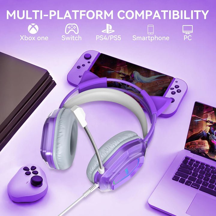 Wantak Katzenohr Kopfhörer mit Mikrofon – Kabel (3,5mm/USB) – Gaming Headset für PC/PS5/Xbox – Noise