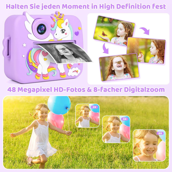 GuKKK Kinderkamera Sofortbildkamera, 2,4 Zoll Sofortbildkamera Kinder mit 32G TF Karte und Fotopapie