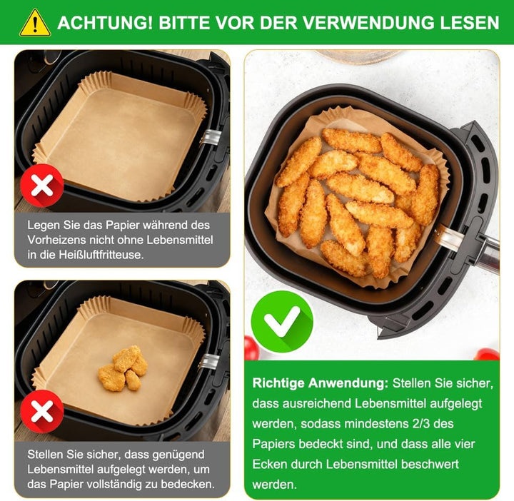 BYKITCHEN 200 Stück Backpapier Airfryer für 8L-12L Heissluftfritteuse, 25cm, Antihaft Eckig Hitzebes