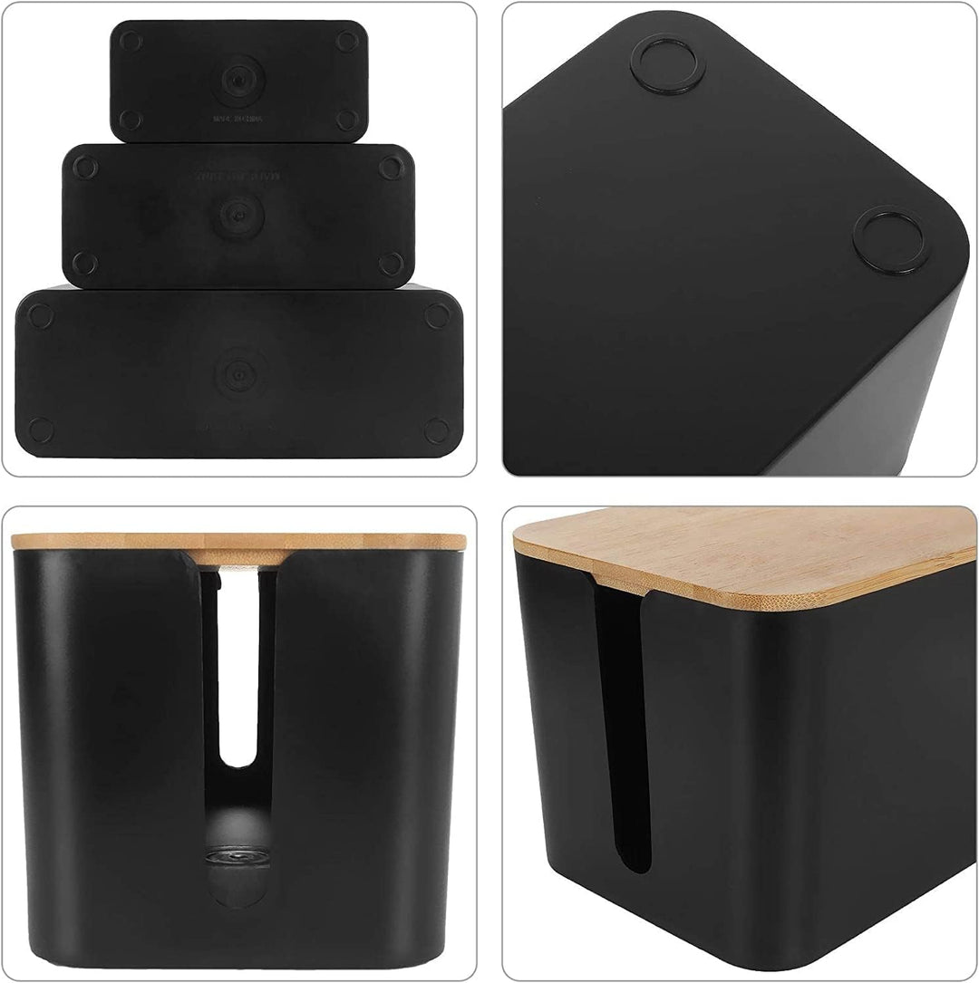 SENENQU 3er-Set Kabelbox Schwarz, Grosse Kabel Organizer Box mit Holzdeckel für Kabel, Grosse und Kl