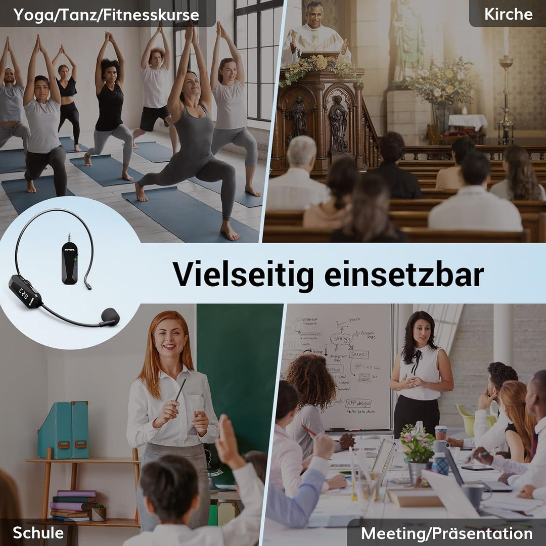 TONOR Wireless Mikrofon Headset, UHF Wiederaufladbares Drahtloses Mikrofon, 20 Kanäle mit 20m Kabell