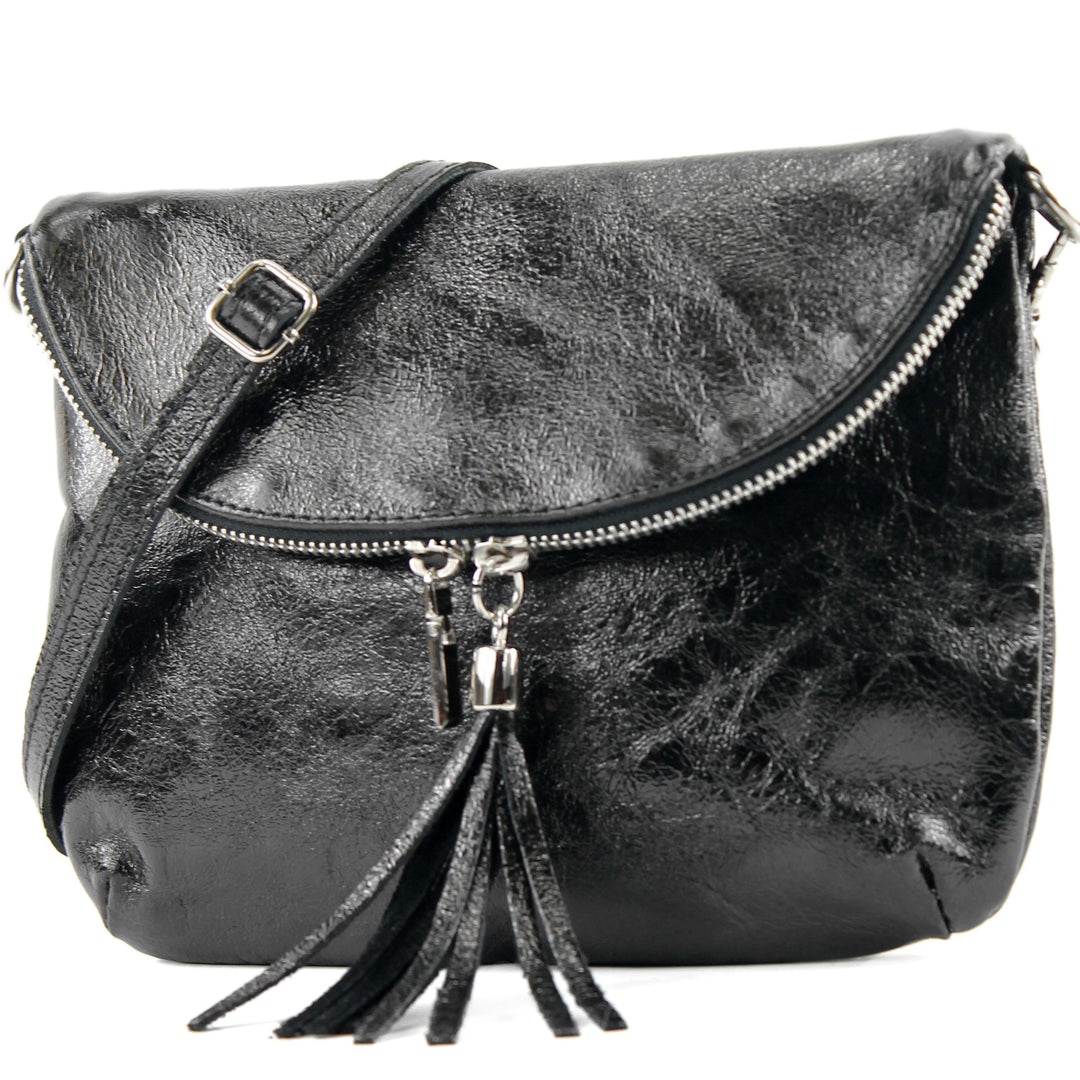 modamoda de - T07SI - ital. Umhängetasche Klein aus Nappaleder Schwarz-metallic, Schwarz-metallic