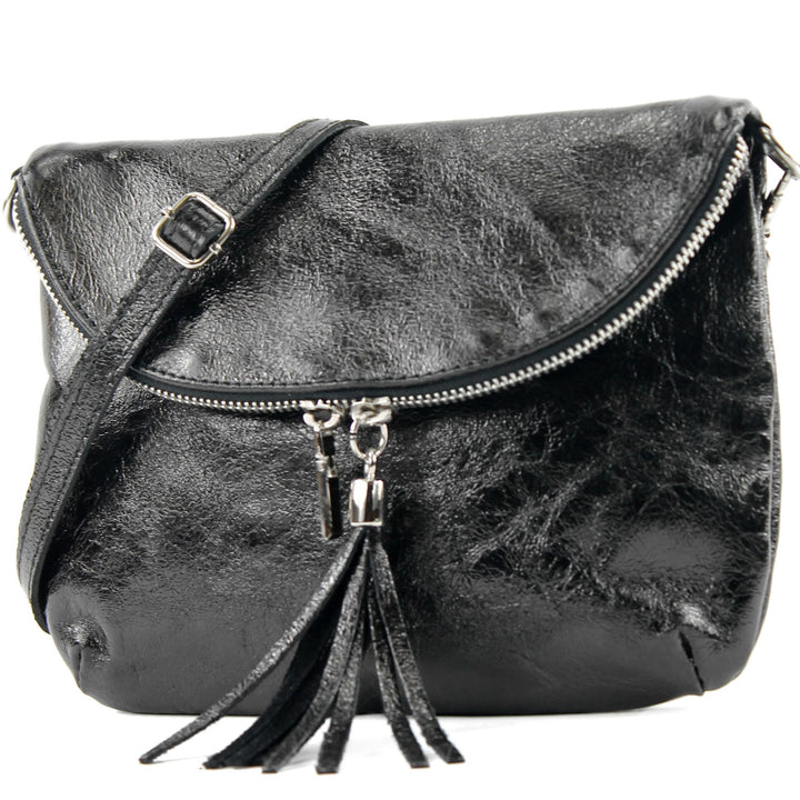 modamoda de - T07SI - ital. Umhängetasche Klein aus Nappaleder Schwarz-metallic, Schwarz-metallic