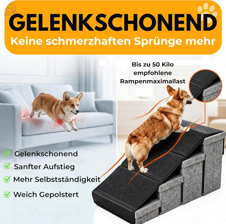 Hundetreppe mit 4 Aufbewahrungsboxen | mit Rampenfunktion | Faltbare Haustier rutschfeste Sicherheit