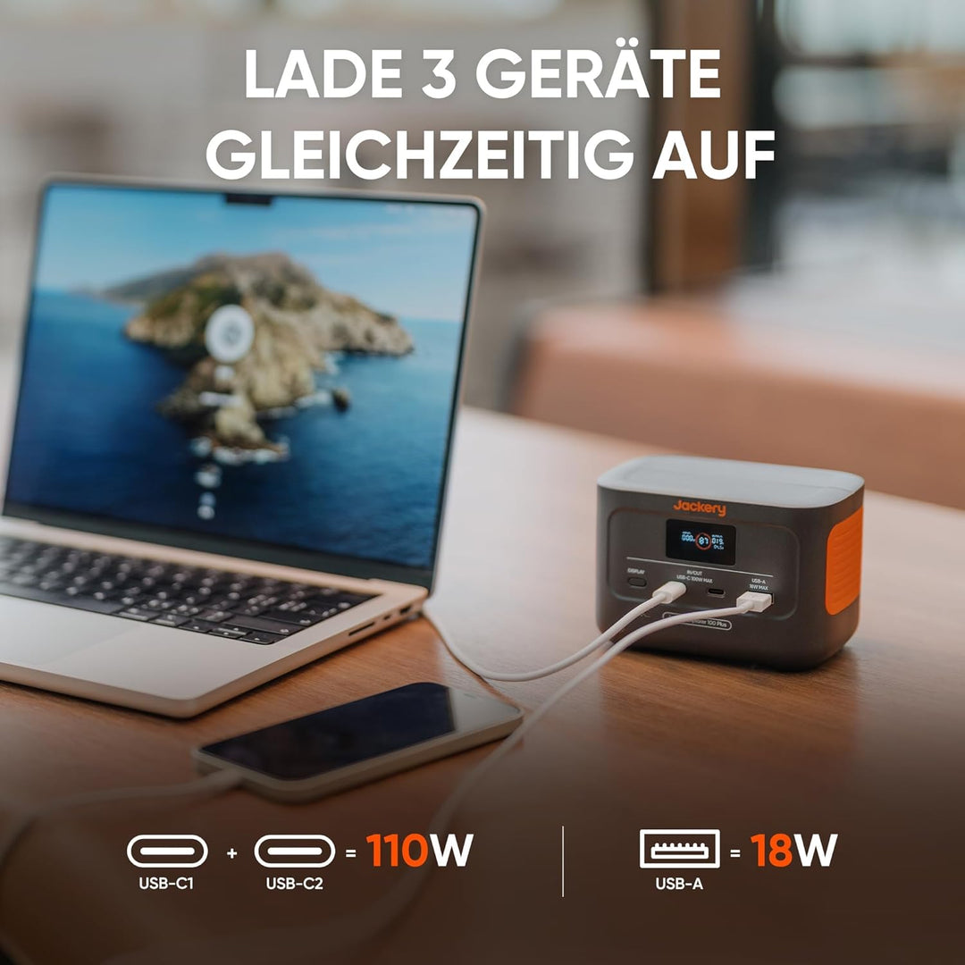 Jackery Explorer 100 Plus Tragbare Powerstation mit 100W Solarpanel, 99Wh LiFePO4-Akku Schnellladung