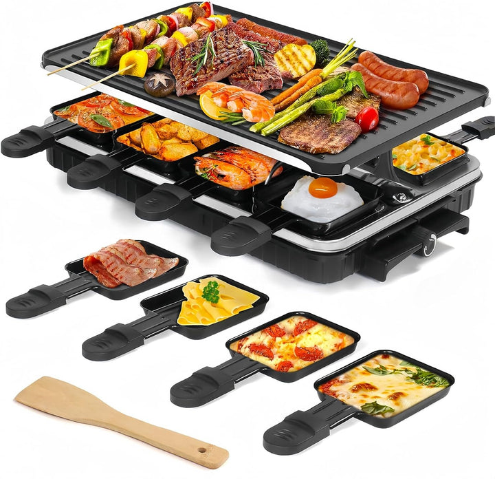 2-in-1 Raclette Grill, Raclette 8 Personen, 1300W Elektrogrill mit 1 Umkehrbarer Antihaft Grillplatt