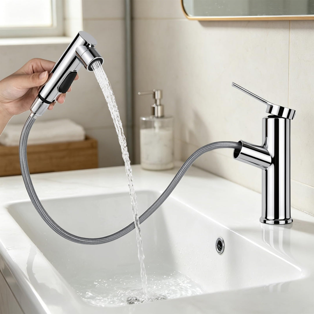 Wasserhahn Bad mit Ausziehbar Brause, Hochdruck Waschtischarmatur Einhebelmischer mit 3 Strahlarten,