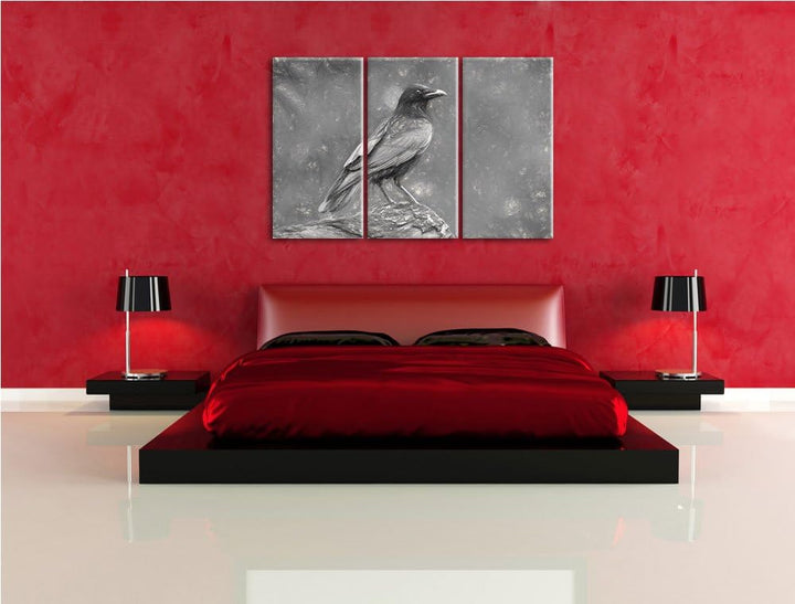 Krähe auf Baumstamm Spezial 3-Teiler Leinwandbild 120x80 Bild auf Leinwand, XXL riesige Bilder ferti