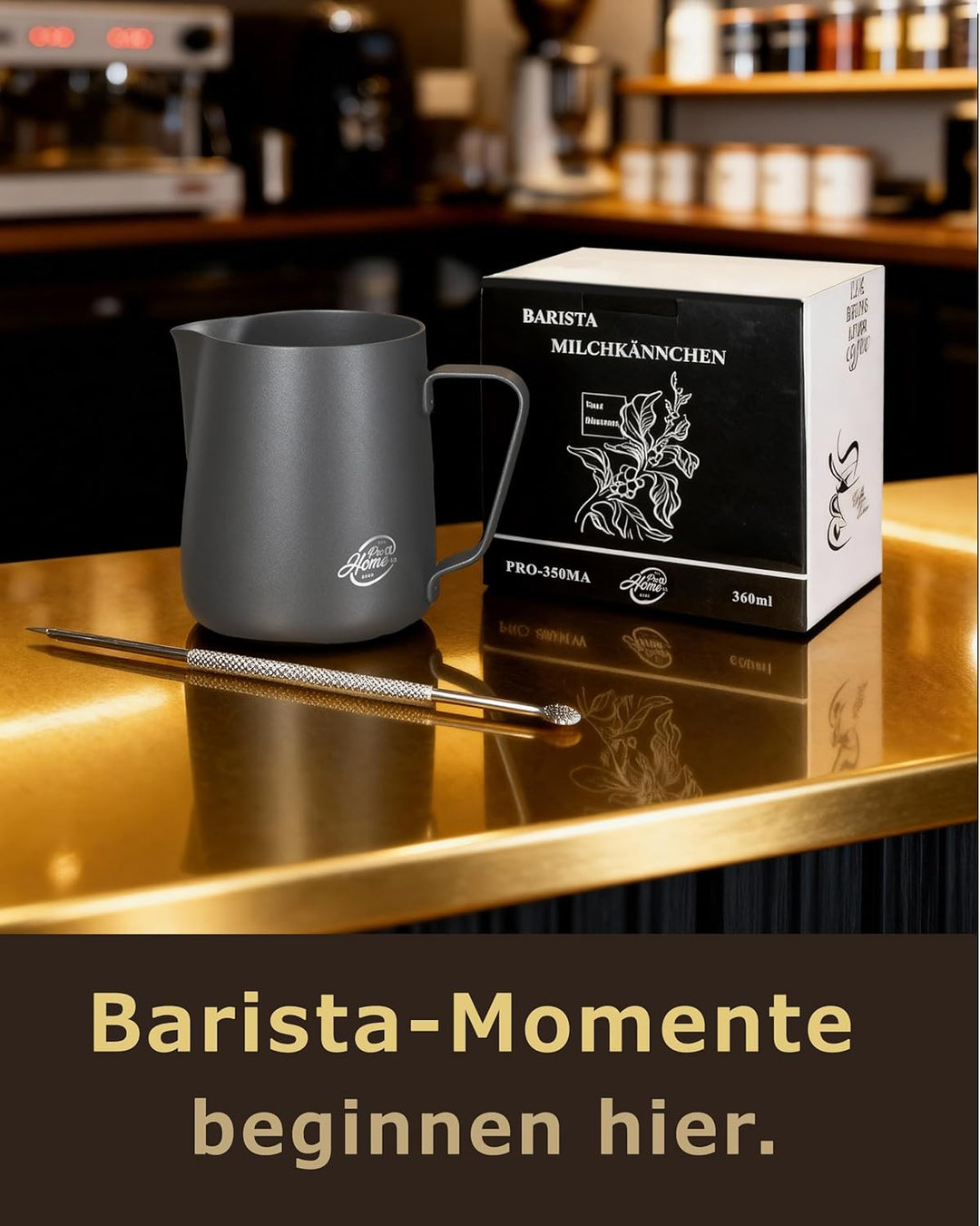 Barista Edelstahl Milchkännchen schwarz anthrazit 350ml (auch 600ml) inkl. Latte Art Stift/Milchscha