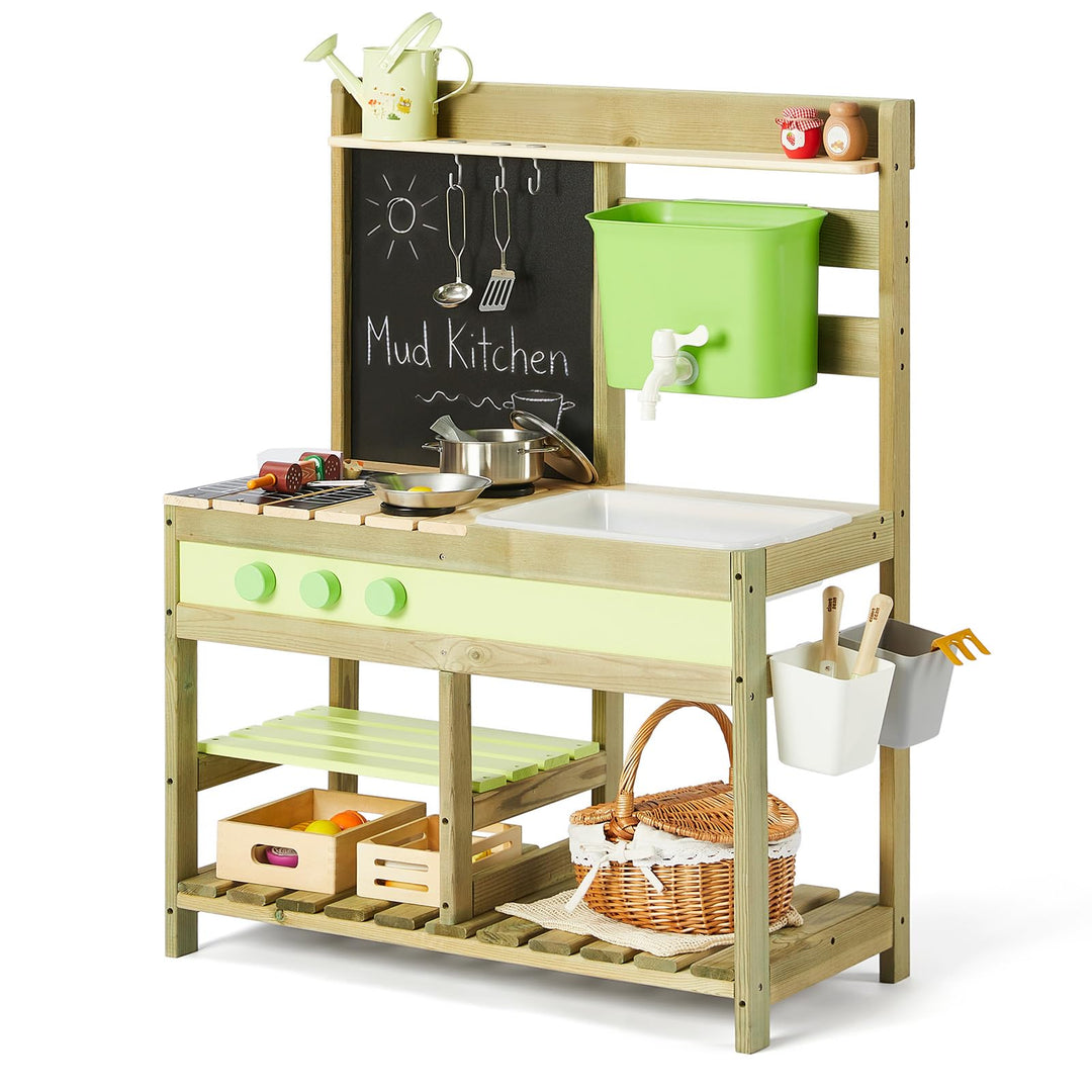Matschküche Kinder Outdoor Holz Mud Kitchen Spielküche, Aussenküche für Kinder mit 10 Spielzubehör,