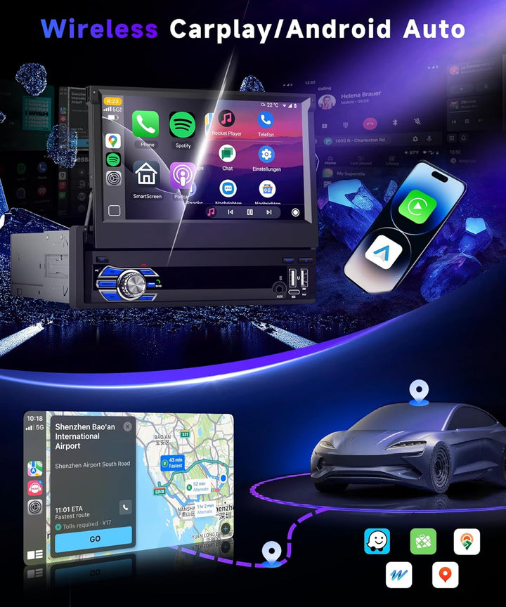 8 KERN 4G+64G Android 15 Autoradio 1 Din mit Drahtlos Carplay Android Auto, 7 Zoll HD Manuell Klappb