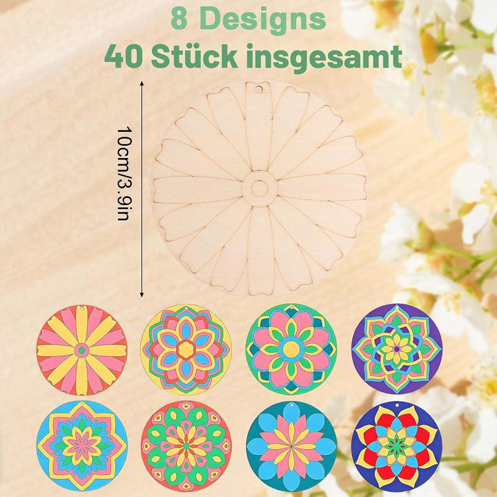 Mandala-Gemälde-Set aus Holz, 40 Stück, unlackierte Holzausschnitte zum Bemalen, Holz-Mandala-Orname