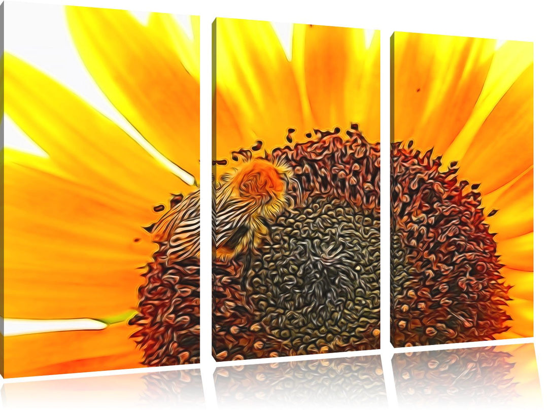 Biene auf Sonnenblume NewArt 3-Teiler Leinwandbild 120x80 Bild auf Leinwand, XXL riesige Bilder fert