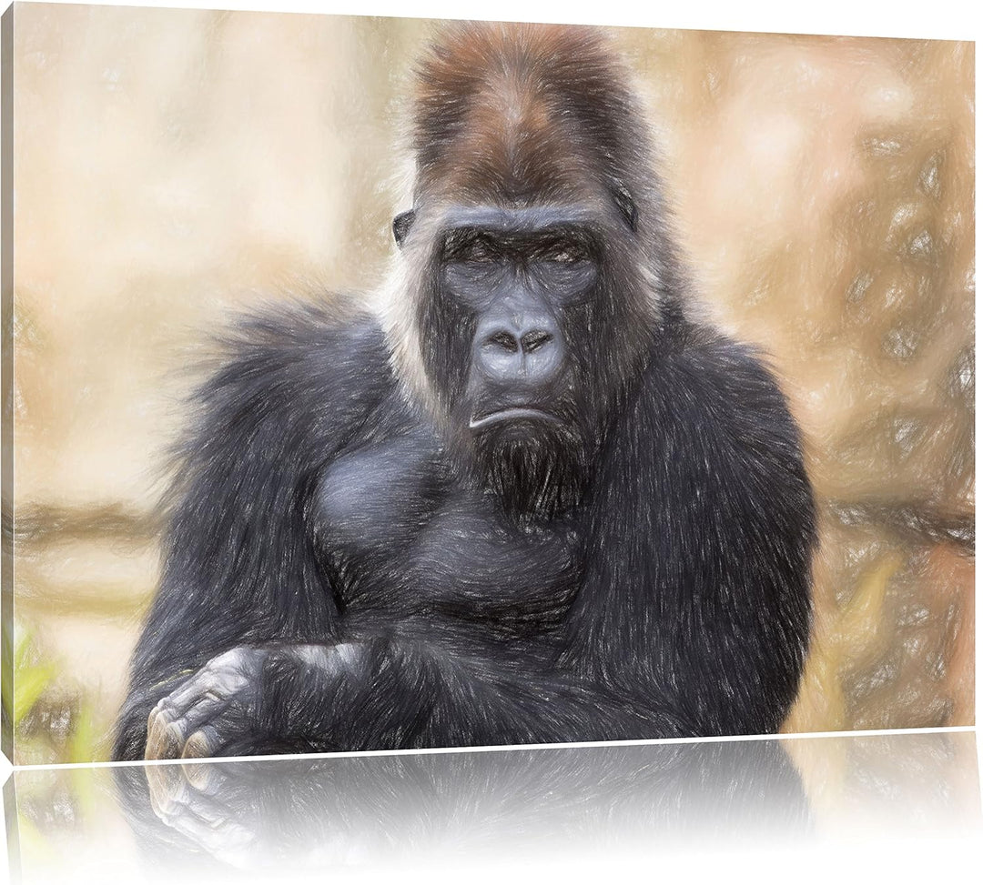 Pixxprint gelangweilter Gorilla als Leinwandbild/Grösse: 100x70 / Wandbild/Kunstdruck/fertig bespann