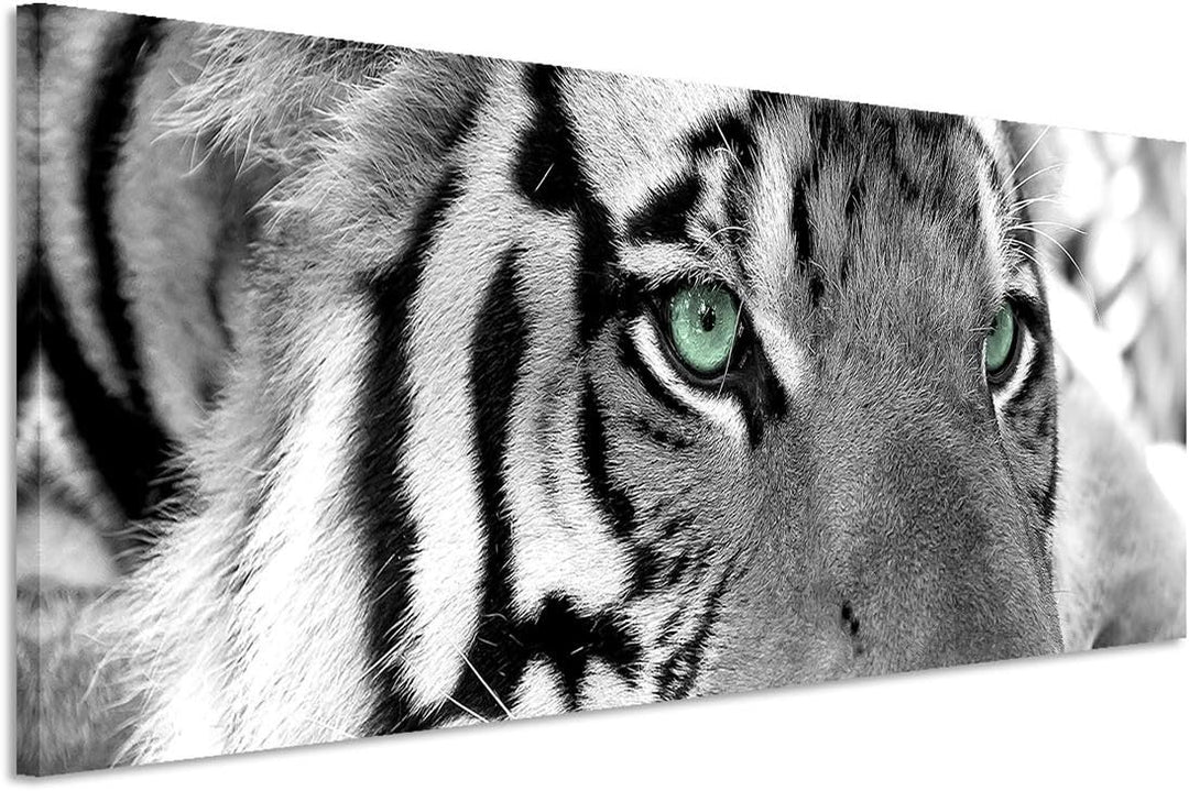 Sinus Art Leinwandbild 150x50cm Künstlerische Fotografie – Weisser Tiger mit grünen Augen, 150x50cm
