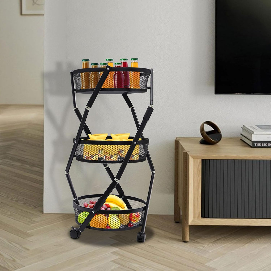 Gemüsewagen 3-stufig 37.5x37.5x88 cm schwarz mit Rollen für Küche | Aufbewahrungsregal mit 4 Rädern
