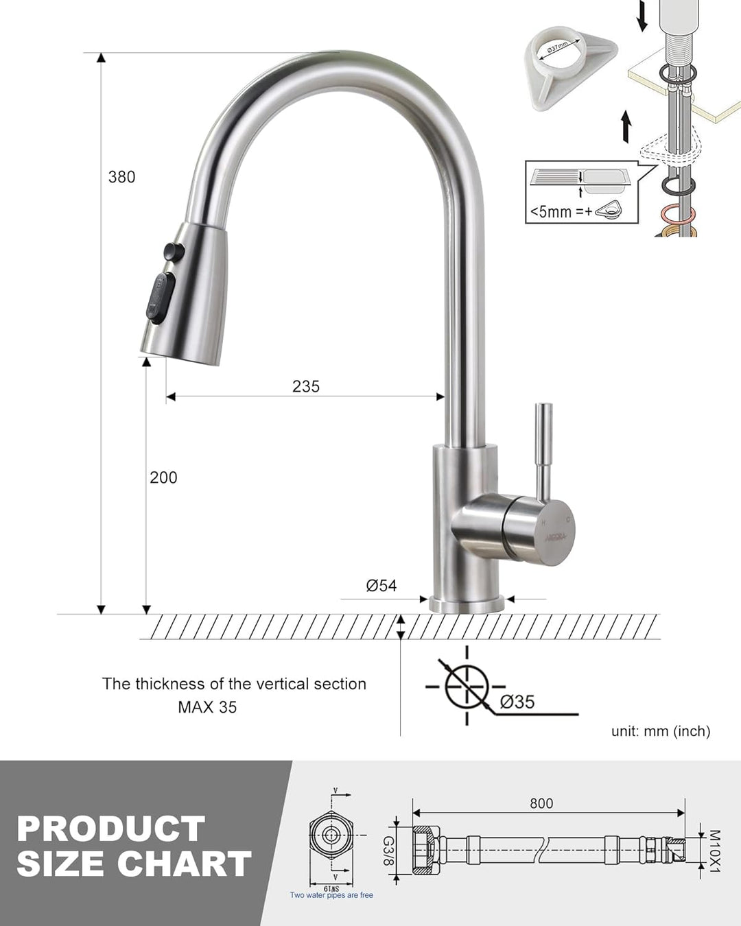 ARCORA Küchenarmatur ausziehbar, Hochdruck Wasserhahn Küche aus Edelstahl 360° schwenkbar Armatur Kü