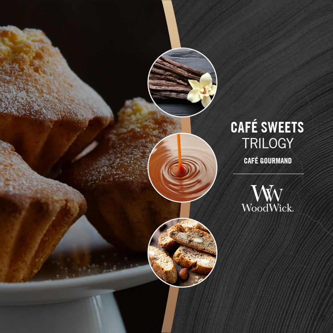 Mittelgrosse WoodWick Trilogy-Duftkerze im Sanduhrglas mit Pluswick-Innovation, Café Sweets