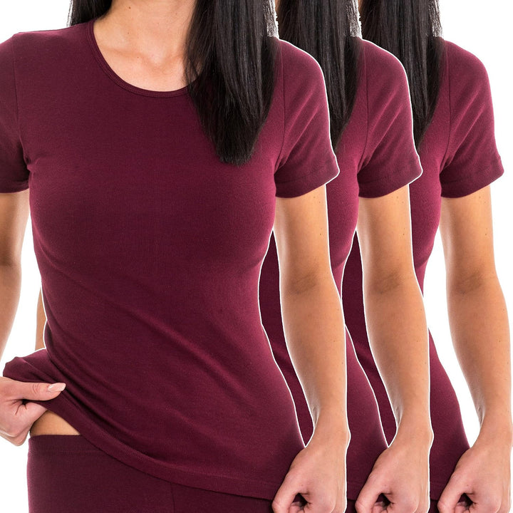 HERMKO 1800 3er Pack Damen Kurzarm Unterhemd aus 100% Bio-Baumwolle 36-38 Bordeaux, 36-38 Bordeaux