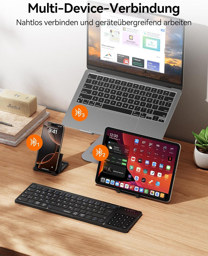 TECKNET Bluetooth Tastatur Faltbare mit Touchpad, QWERTZ Deutsch, Schwarz, Schwarz