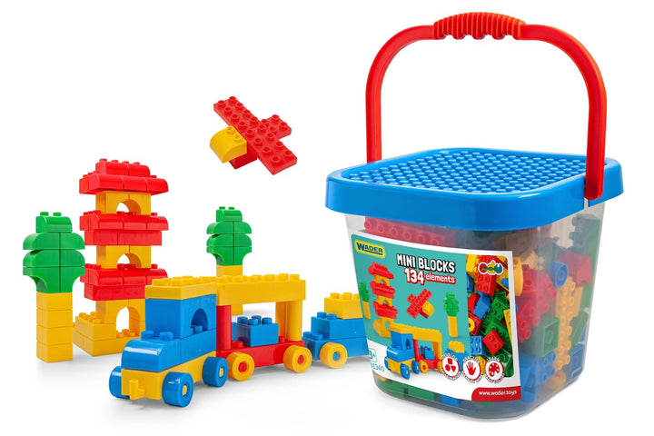 Wader 41340 - Mini Blocks Bausteine im grossen Eimer, 134 Bausteinen und Spieldeckel, für Kinder ab