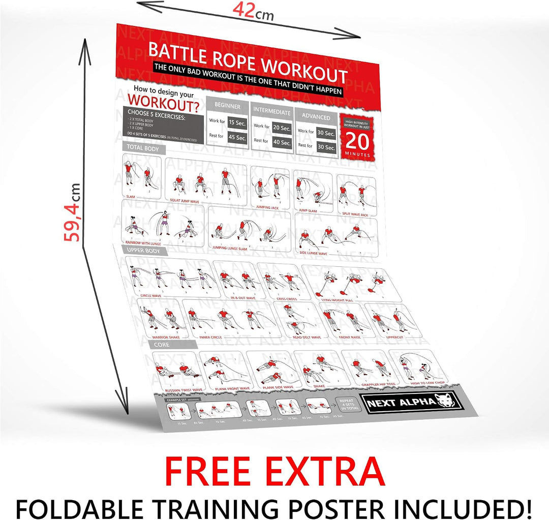 Battle Rope, 38mm/50mm, 9m/12m/15m, Schutzhülle, Wandanker, Workout Instruction Poster 50mm x 15m Sc