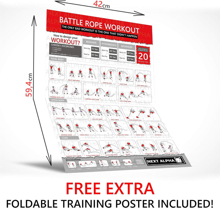 Battle Rope, 38mm/50mm, 9m/12m/15m, Schutzhülle, Wandanker, Workout Instruction Poster 50mm x 15m Sc