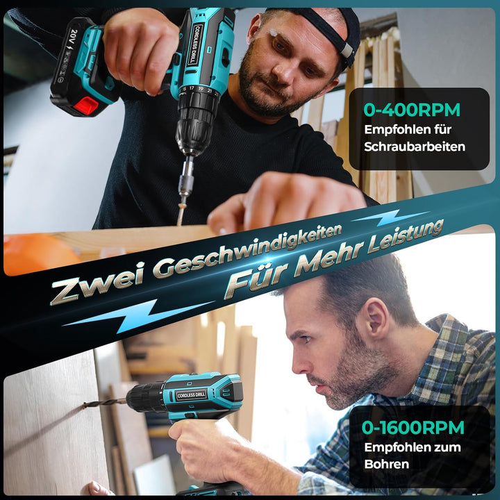 Akkuschrauber mit 2x 2000mAh Akkus, 20V Akku Bohrschrauber Set 42Nm Max, 2-Gang Akku-Bohrmaschine, K