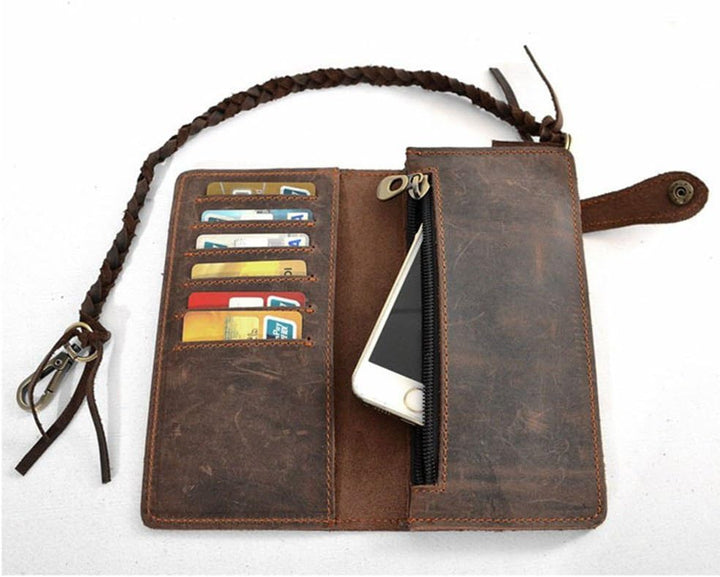 RS Herren-Geldbörse mit Kette, Leder, lang, Bifold Trucker, Vintage, Biker, Geldklammer mit Reissver