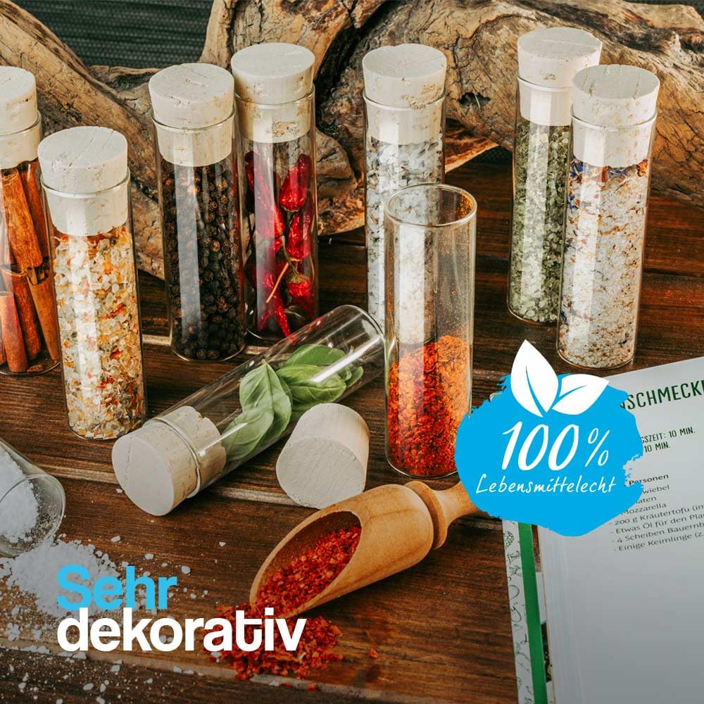 Tuuters 100 Stück Glas Reagenzgläser mit Korken (80 x Ø 30mm) Flachboden | 40ml Reagenzglas mit Natu