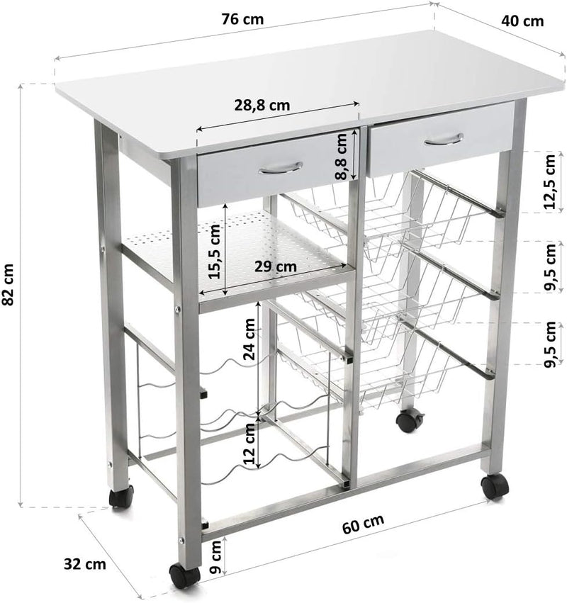 Versa Leicester Küchenwagen mit Rädern, Schubladen und Flaschenregal, Gemüsehändler, Küchenablage, M