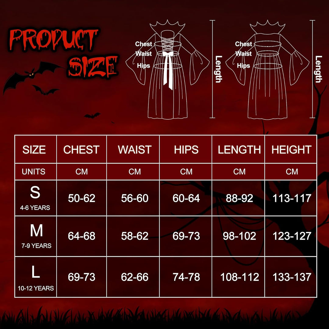 Funnlot Vampir Kostüm Mädchen Gothic Halloween Kostüm Kleid mit Vampir Zähne Kinder Karneval Faschin