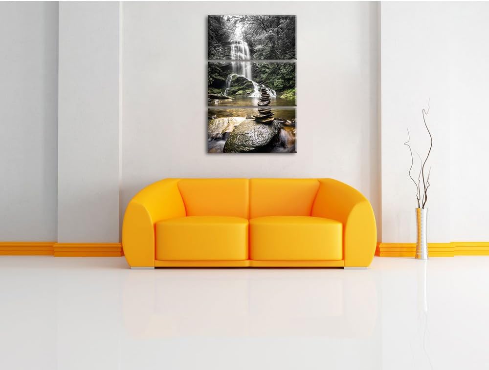 Pixxprint Zen Steine vor Wasserfall B&W Detail 3-Teiler Leinwandbild 120x80 Bild auf Leinwand