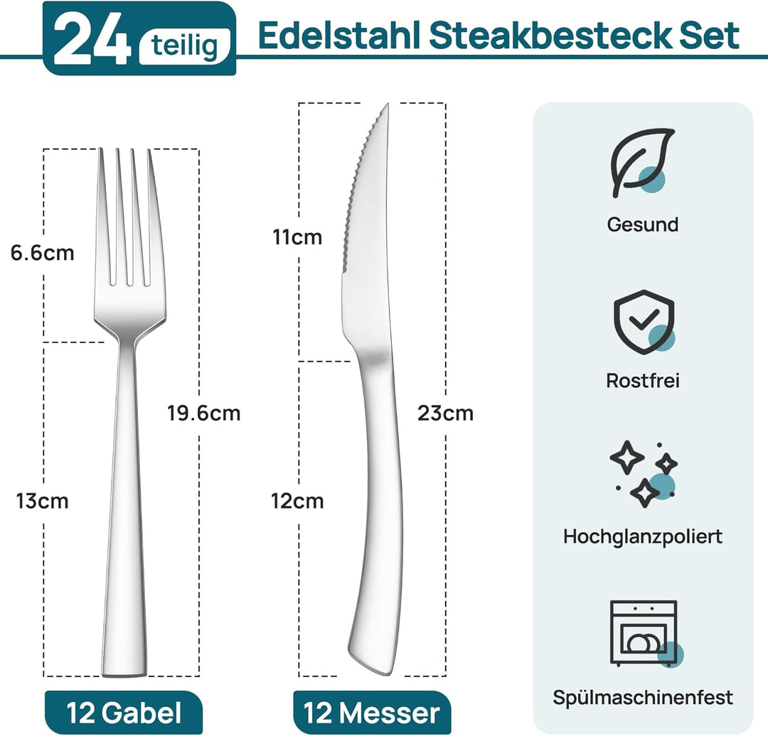 Herogo Steakbesteck Set, 24-teilig Edelstahl Messer und Gabel Set für 12 Personen, Silber Besteck St
