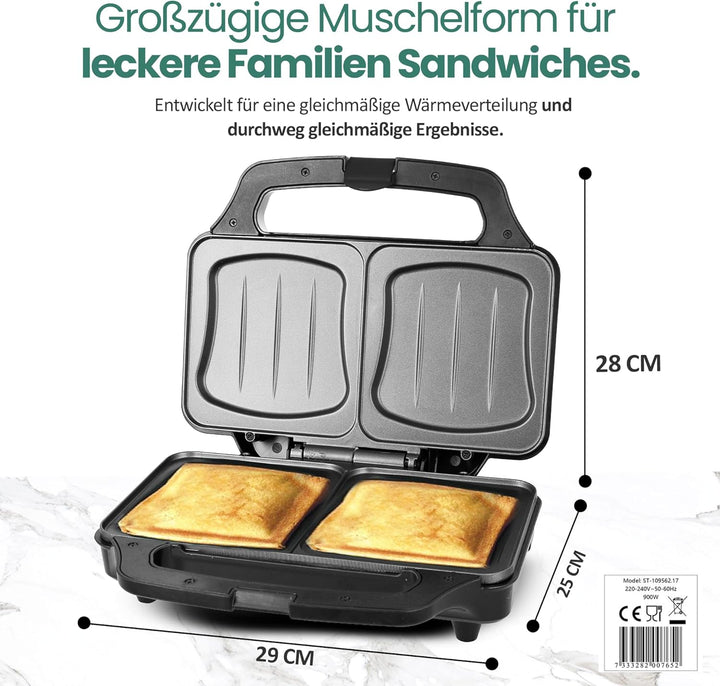Emerio XXL Sandwichtoaster für alle Toastgrössen geeignet, BPA frei, grosse Muschelform, leicht zu r