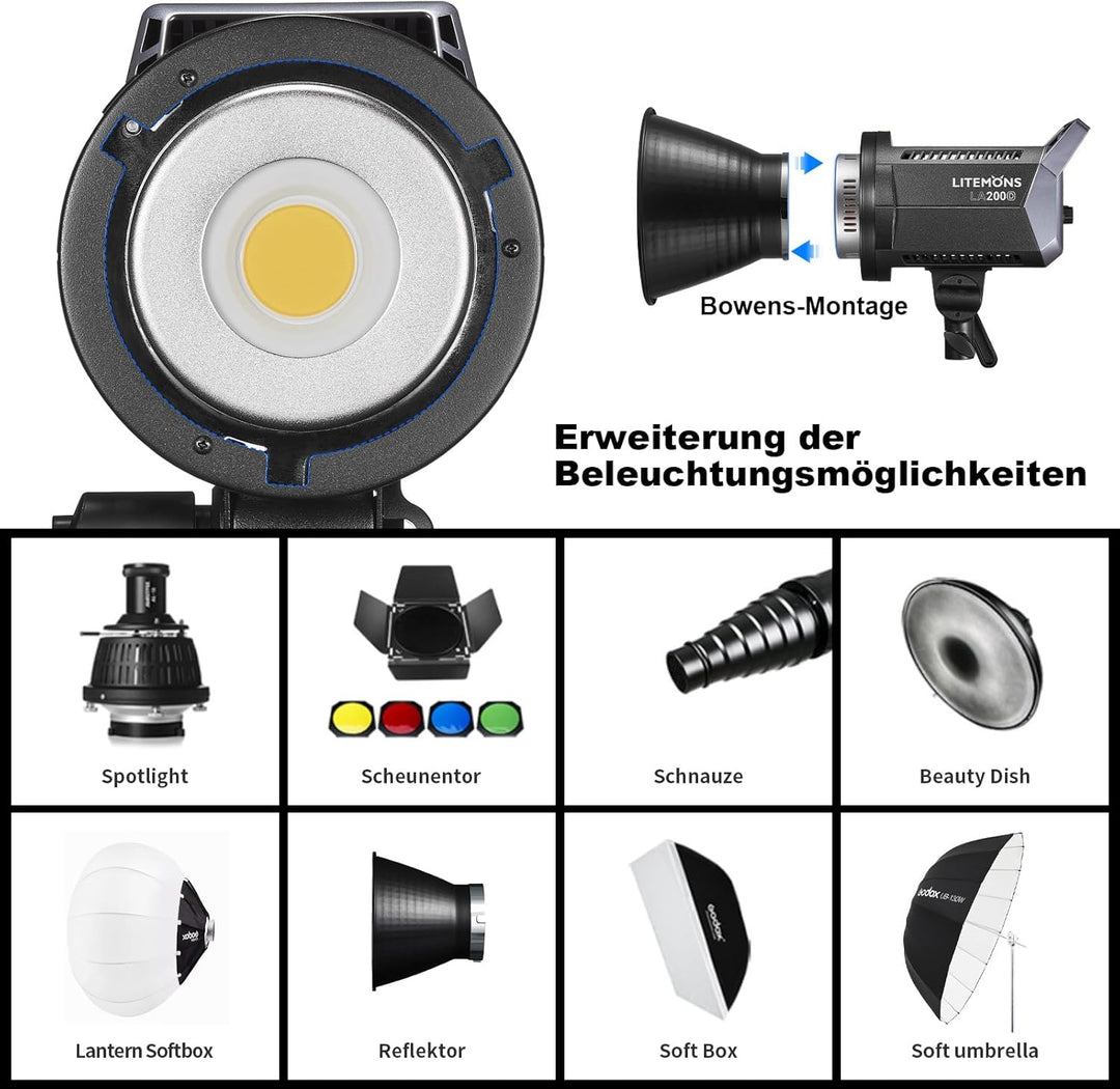 Godox LA200D 230W LED Tageslicht Videoleuchte,5600K CRI 96+ TLCI 97+,101000lux@1m Studiolicht Fotogr